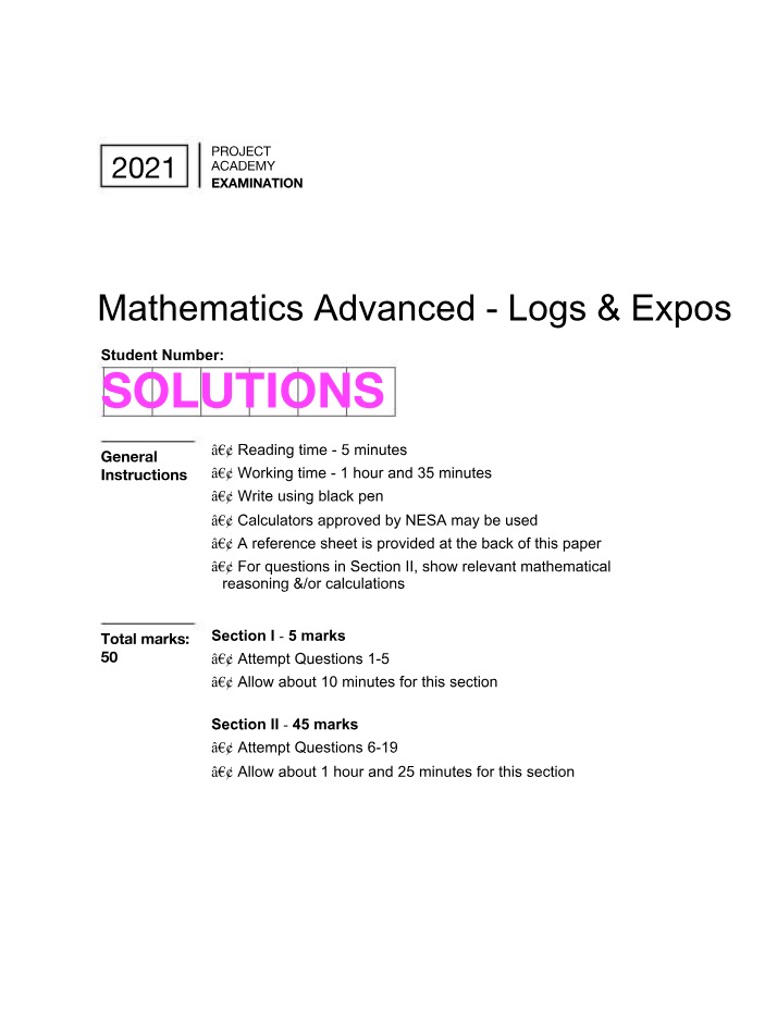 Mathematics Advanced - Logs, Exponential Equations, and Derivatives