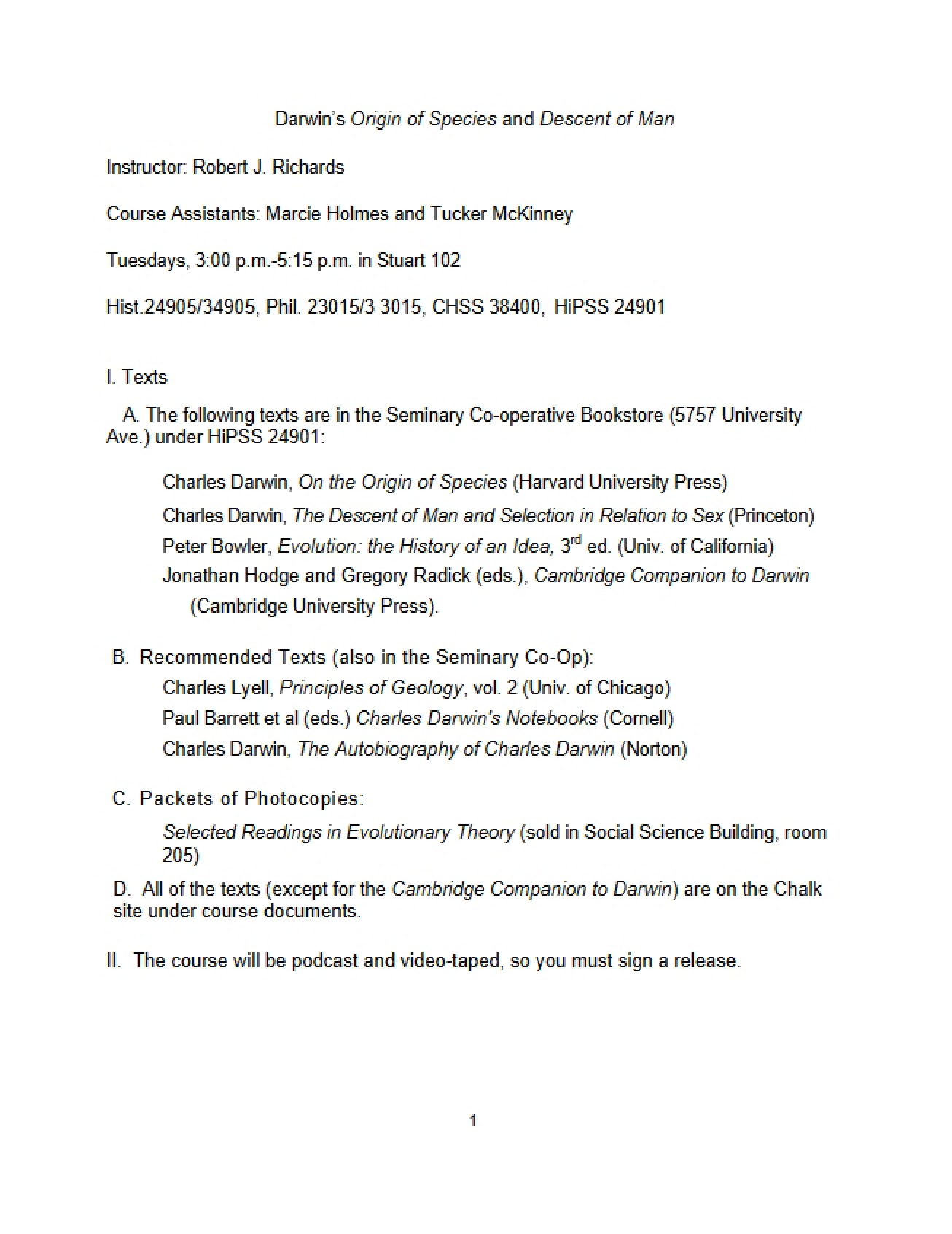 Syllabus for Darwin's Origin of Species and Descent of Man