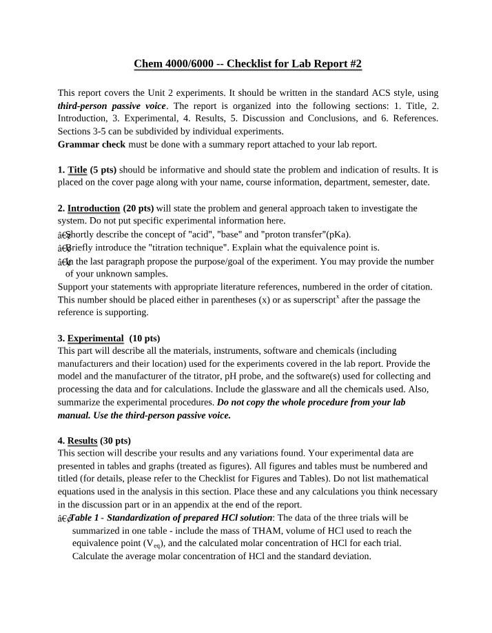 Lab Report #2 Checklist - Acid-Base Titration Techniques and Analysis