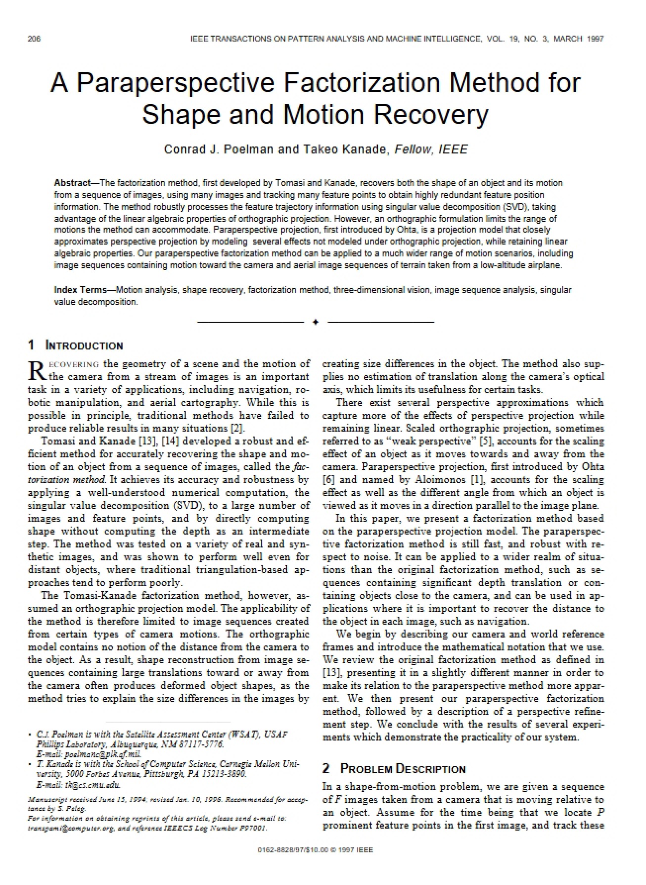 Paraperspective Factorization Method for Recovering Shape and Motion