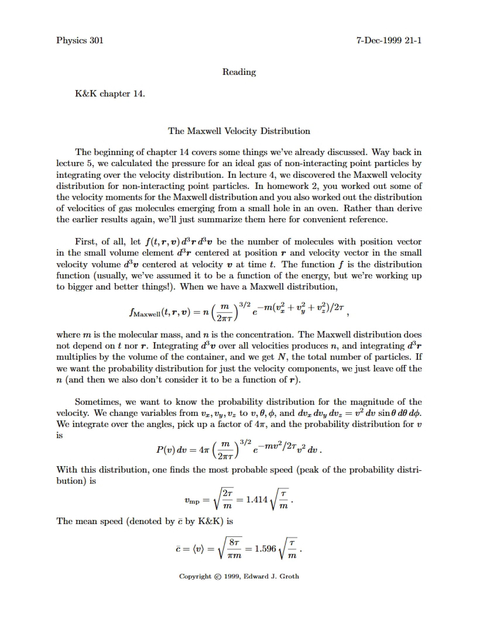 Maxwell Distribution of Velocity