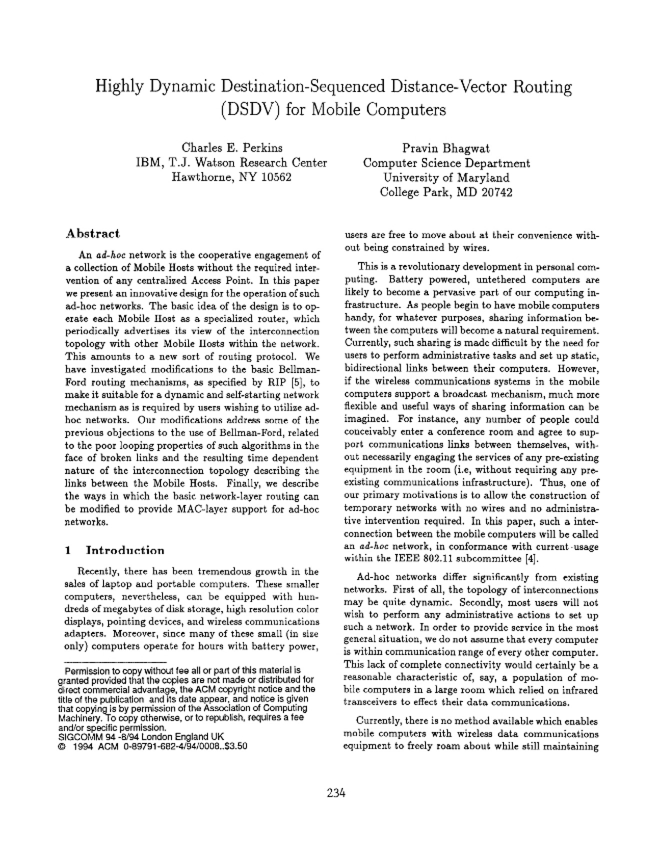 DSDV Routing for Dynamic Mobile Computers