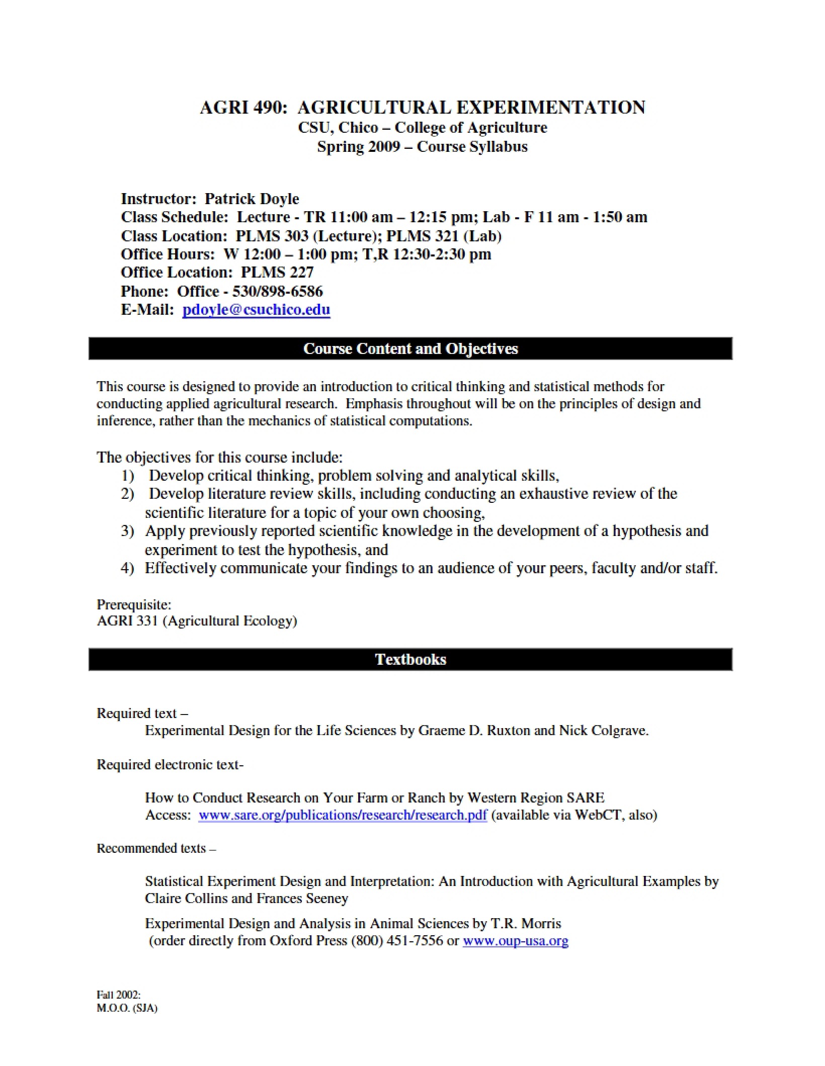 Syllabus for Ag Experimental Research