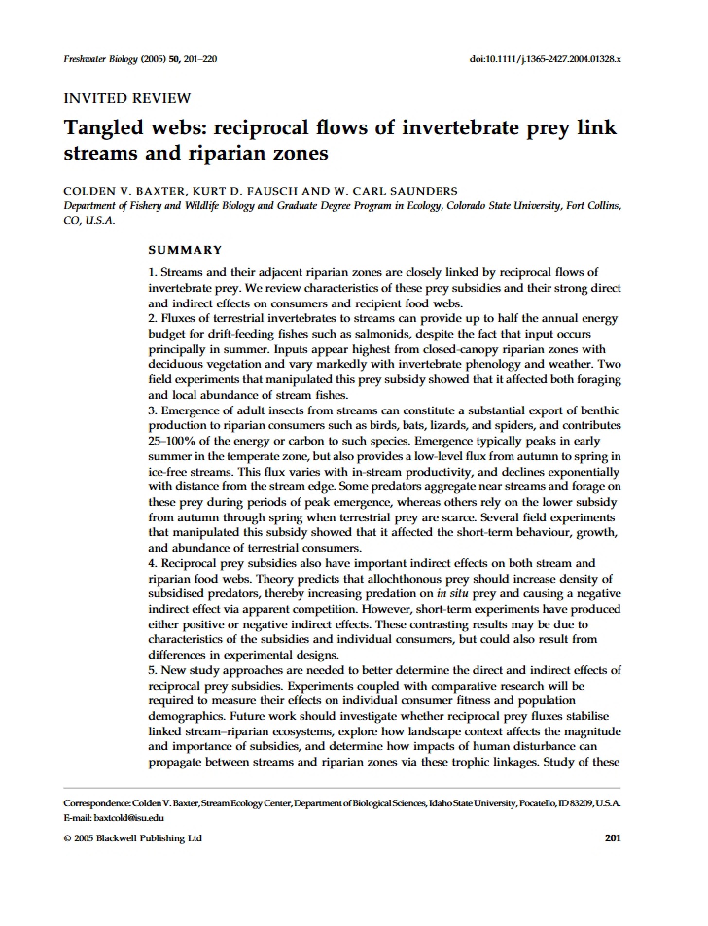 Streams and Riparian Zones Linked by Invertebrate Prey Flows