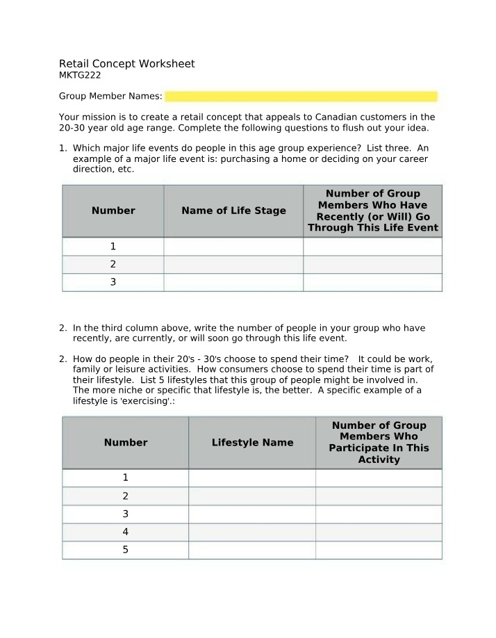 Worksheet for Retail Concept