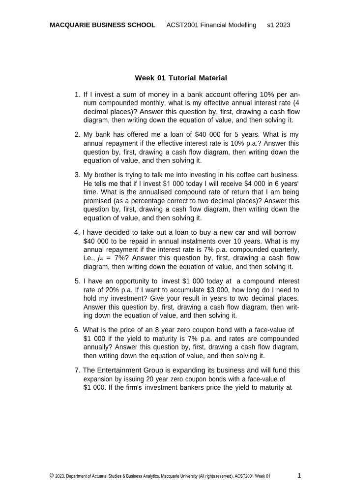 Week 01 Tutorial Material - ACST2001 Financial Modelling