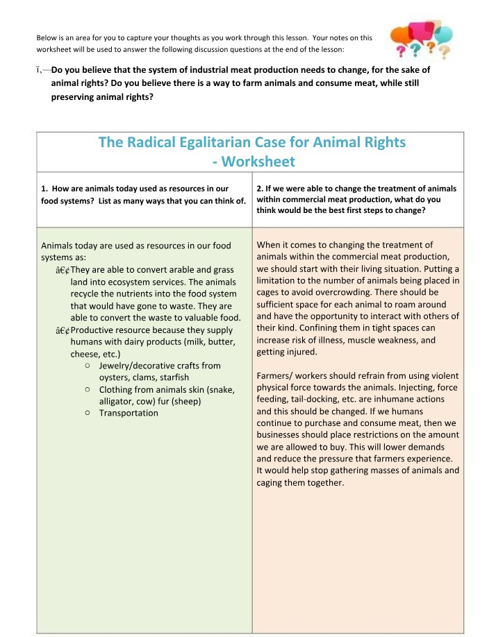 Worksheet - The Radical Egalitarian Case for Animal Rights