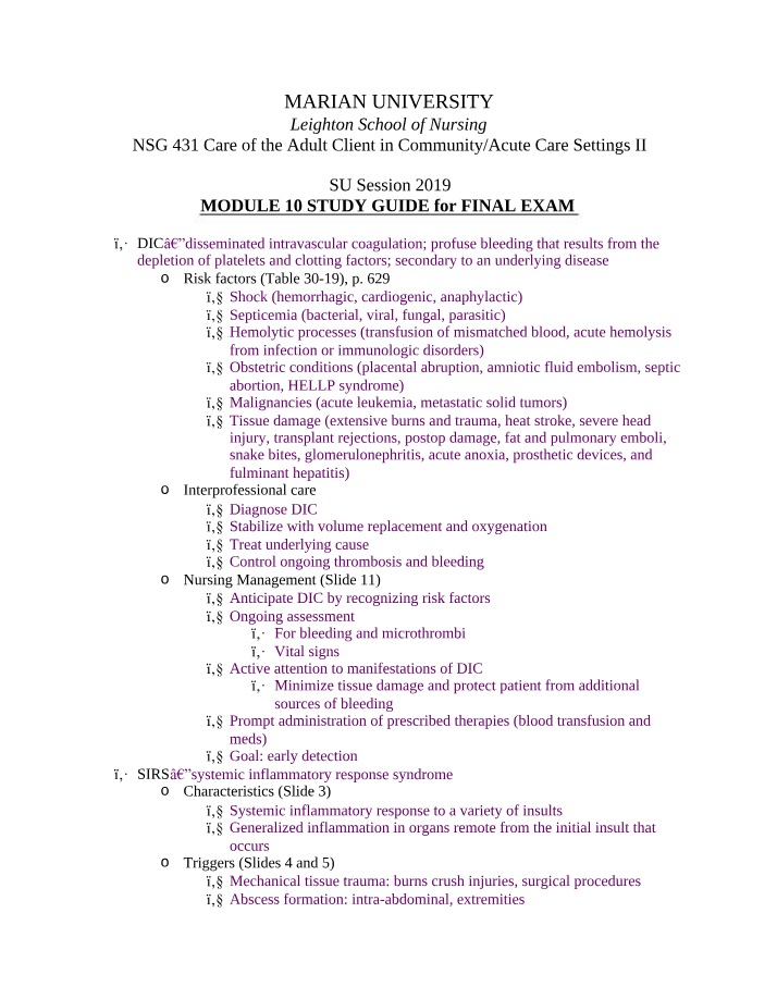 DIC, SIRS, MODS, and Shock Study Guide
