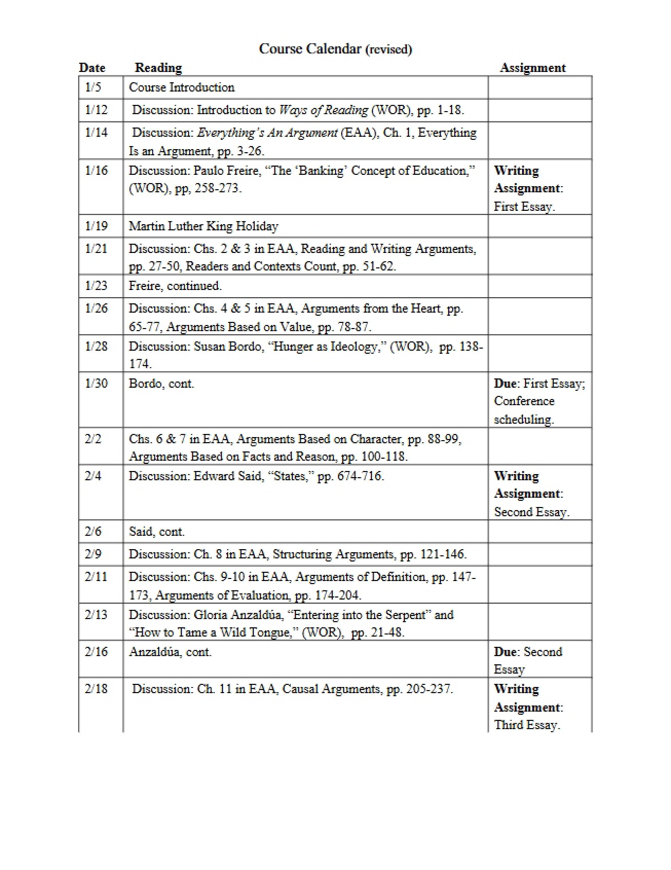 Course Calendar for a Second-Semester English Composition Course