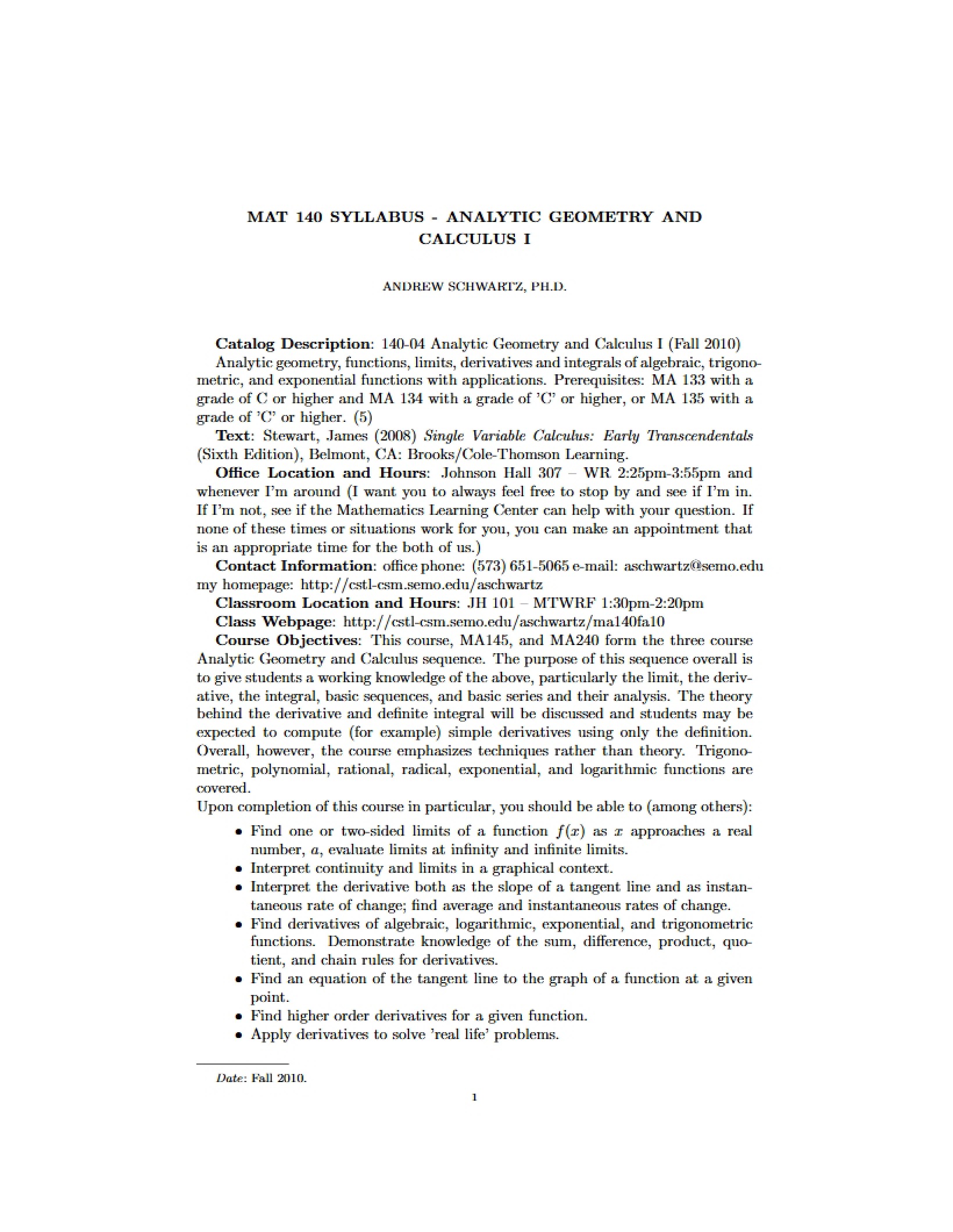 Syllabus for Calc I