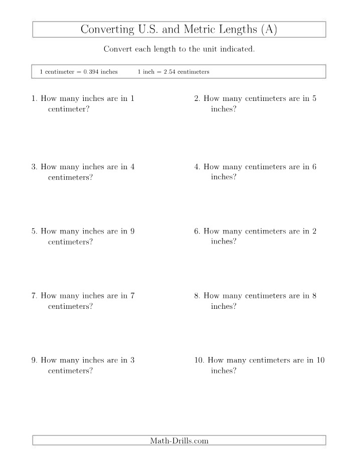 US Metric Conversion - Inches and Centimeters