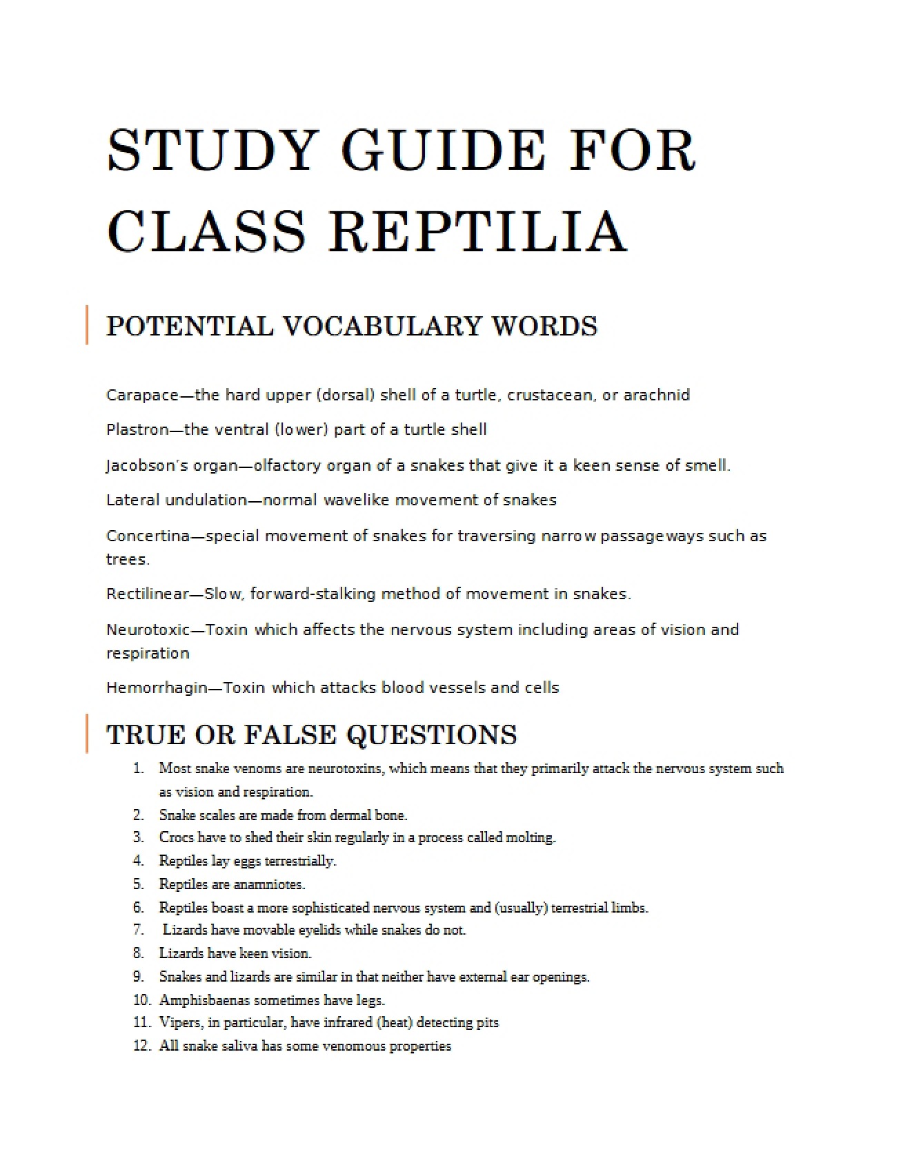 Study Guide for the Class Reptilia