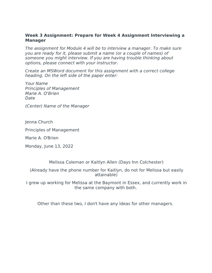Assignments for Week 3 and 4 - Manager Interview