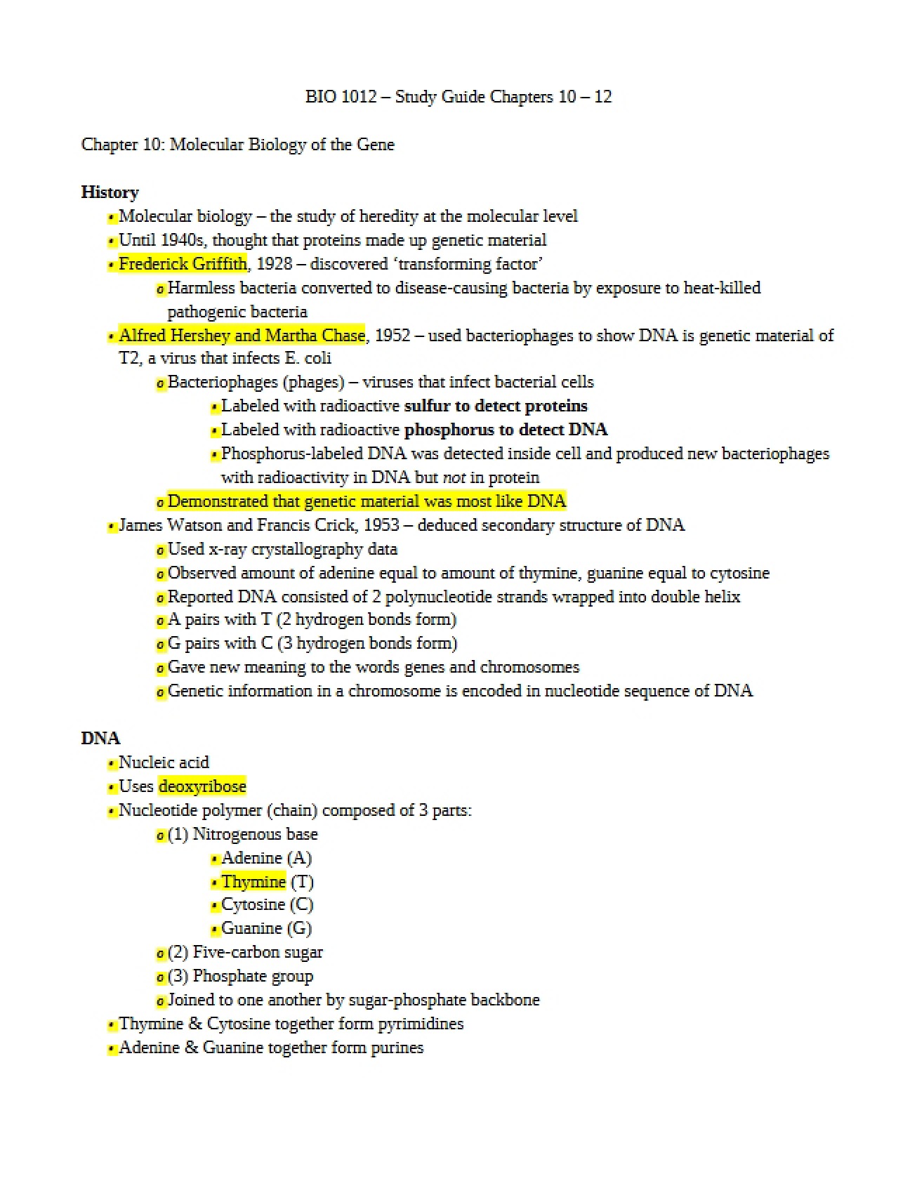Study Guide Covering Chapters 10 through 12