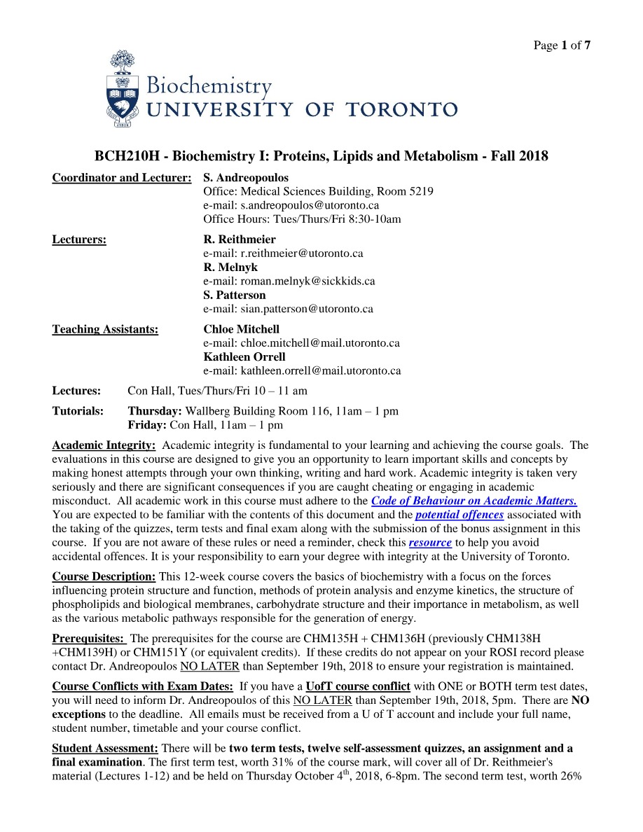 Biochemistry I - Proteins, Lipids and Metabolism (Fall 2018)