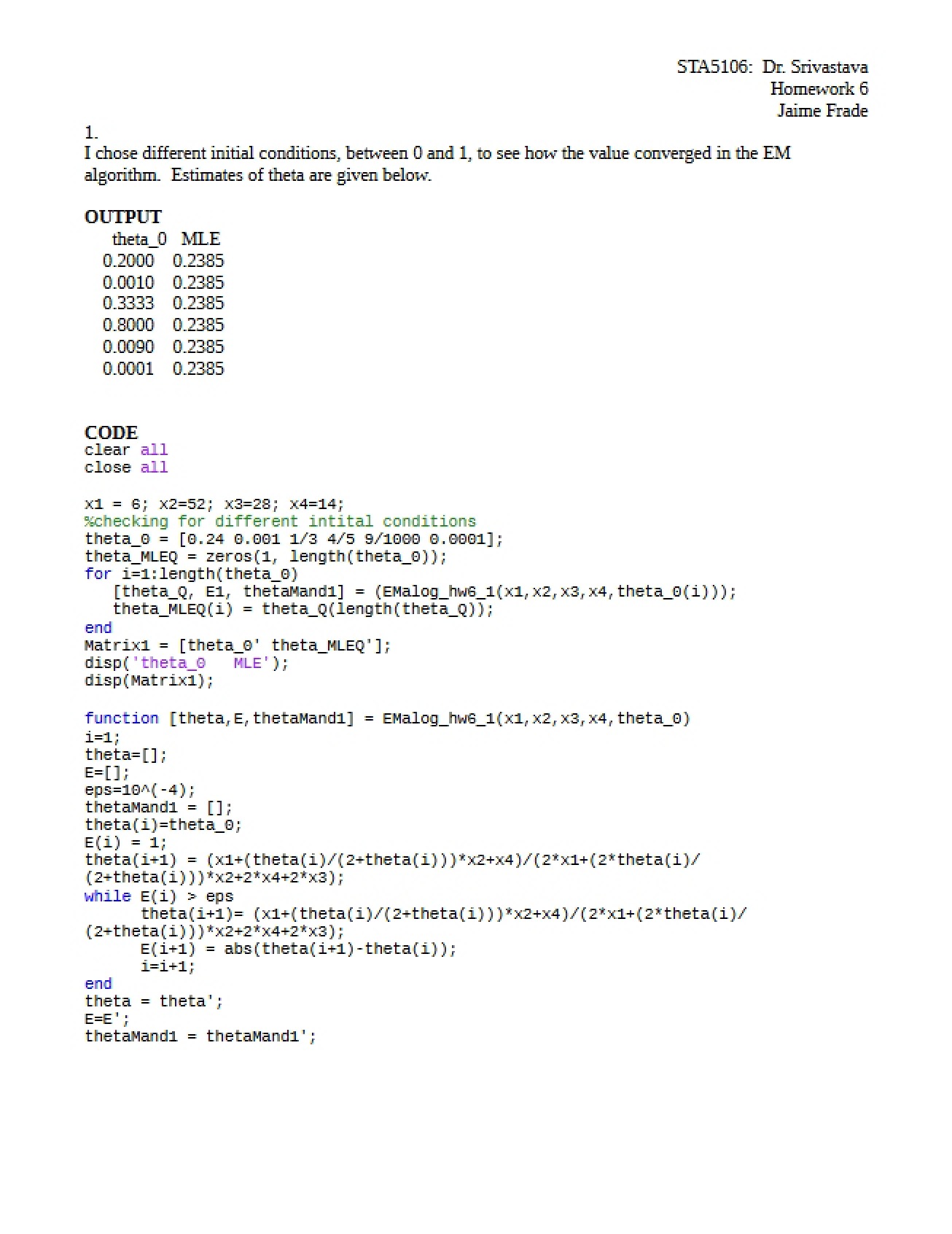 Sixth Assignment for STA 5106
