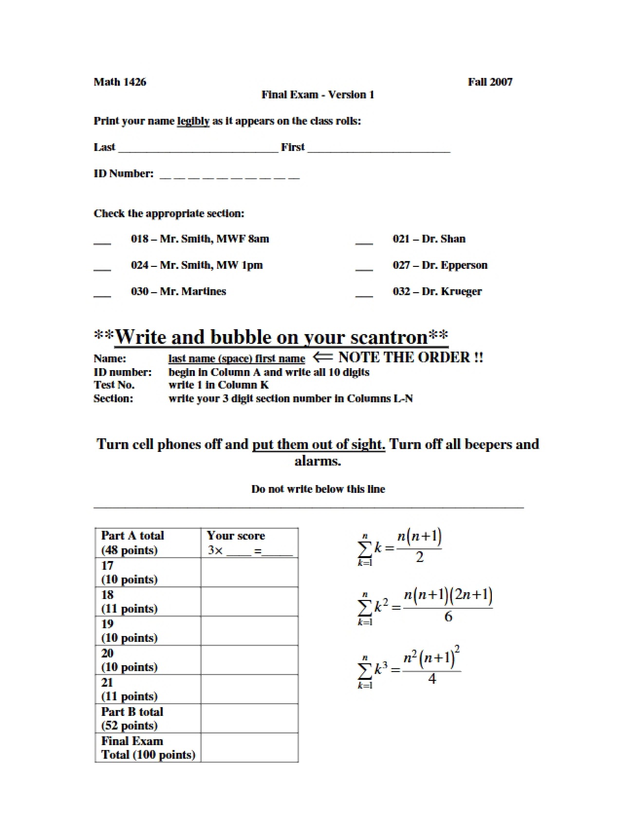 Exam FXA M1426 (Fall 07)