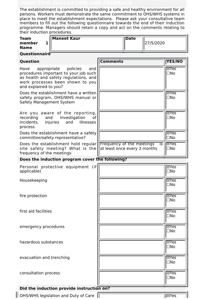 Induction, Evaluation, and Feedback for a Safe Work Environment
