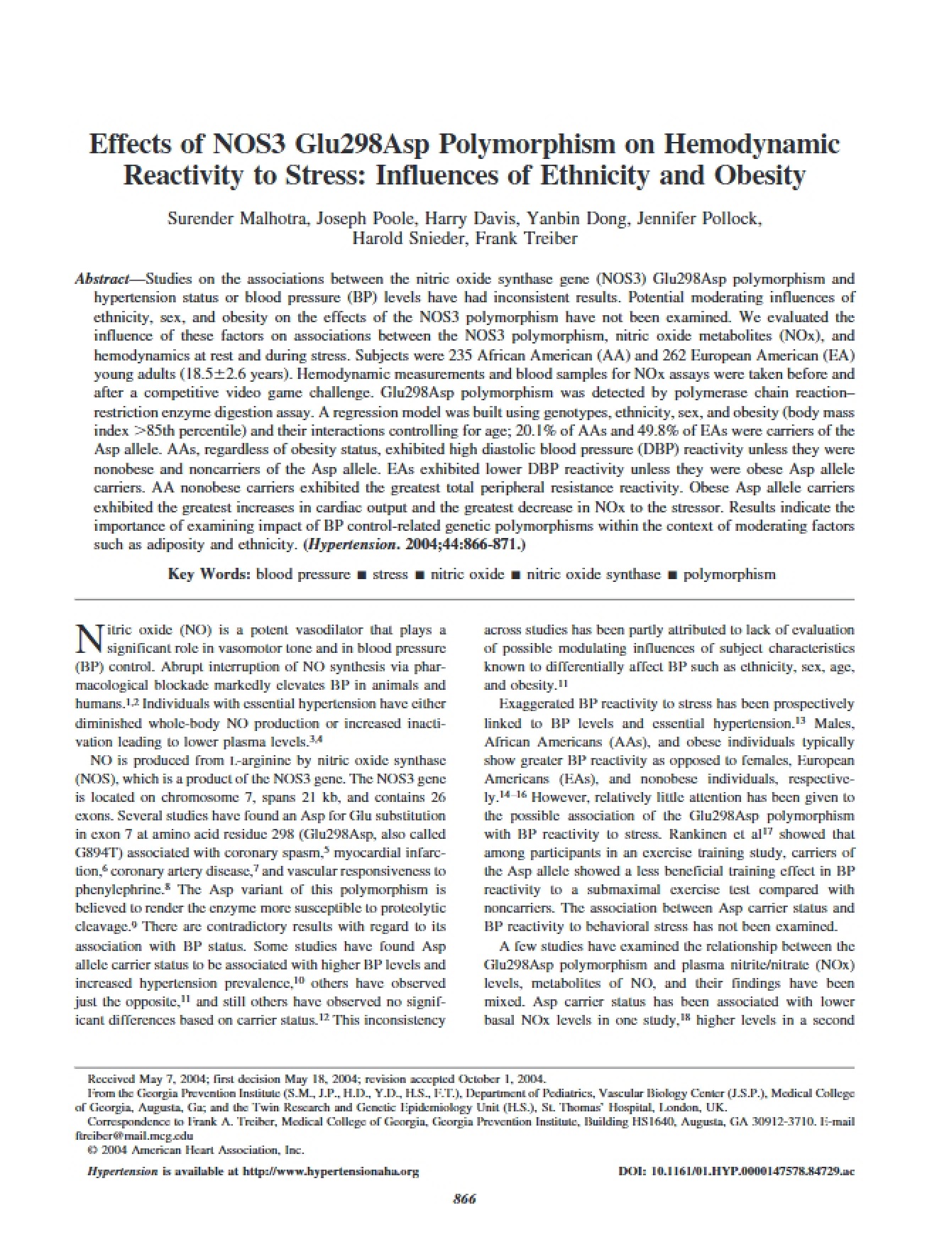 Effects of NOS3 Glu298Asp Polymorphism on Hemodynamic Parameters