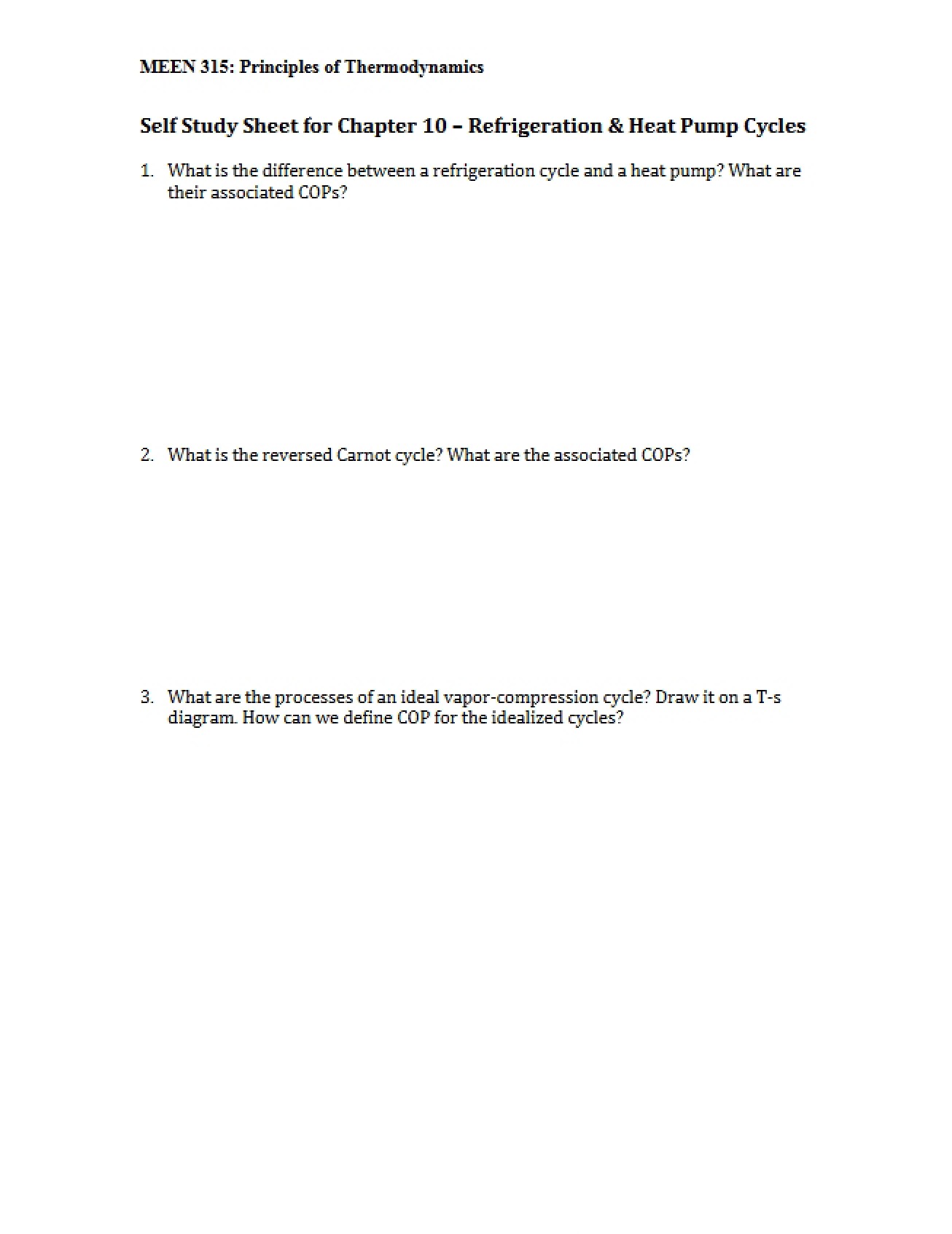 Self-Study Sheet Chapter Ten, Refrigeration and Heat Pump Cycles