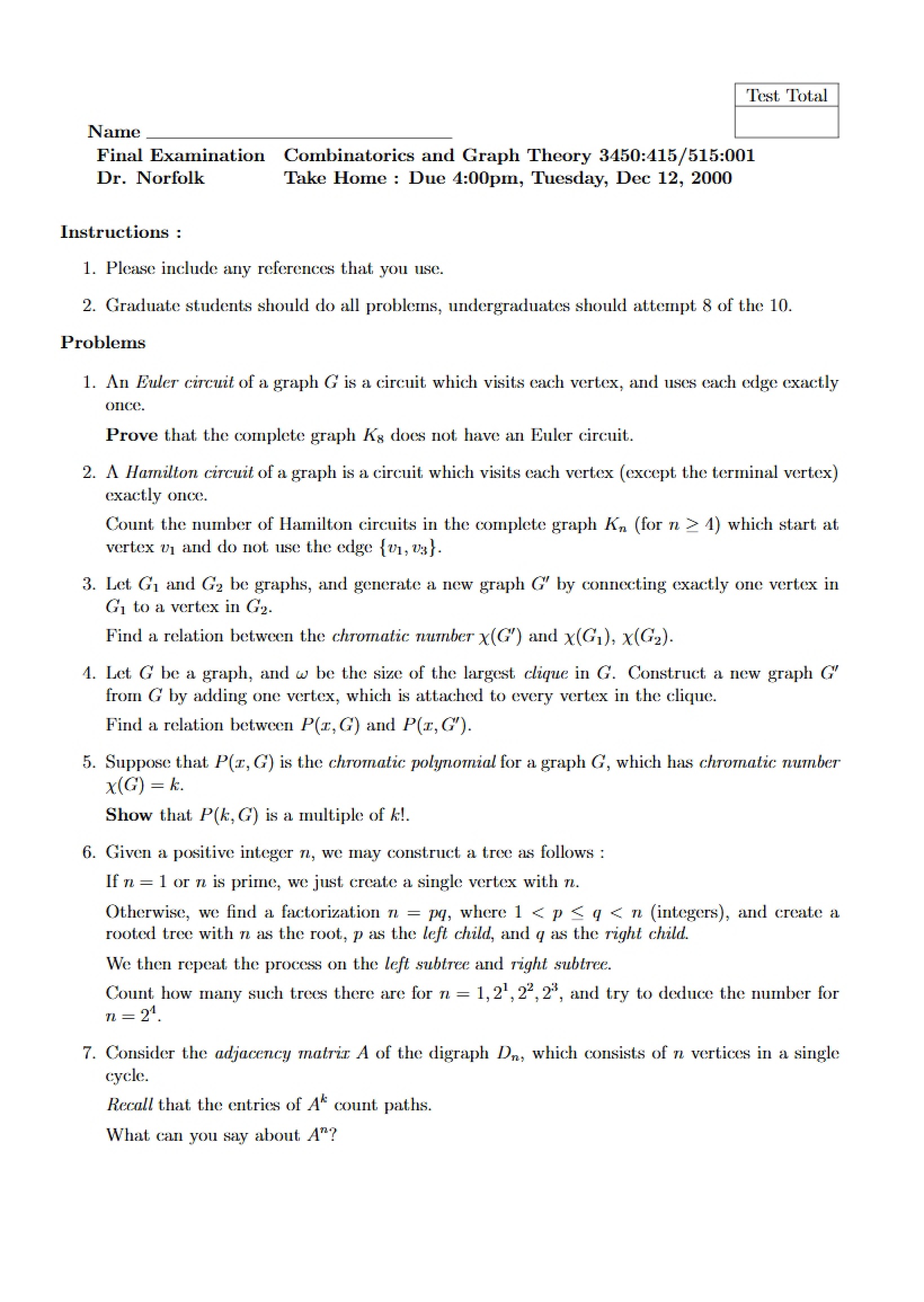Exam for Combinatorics and Graph Theory