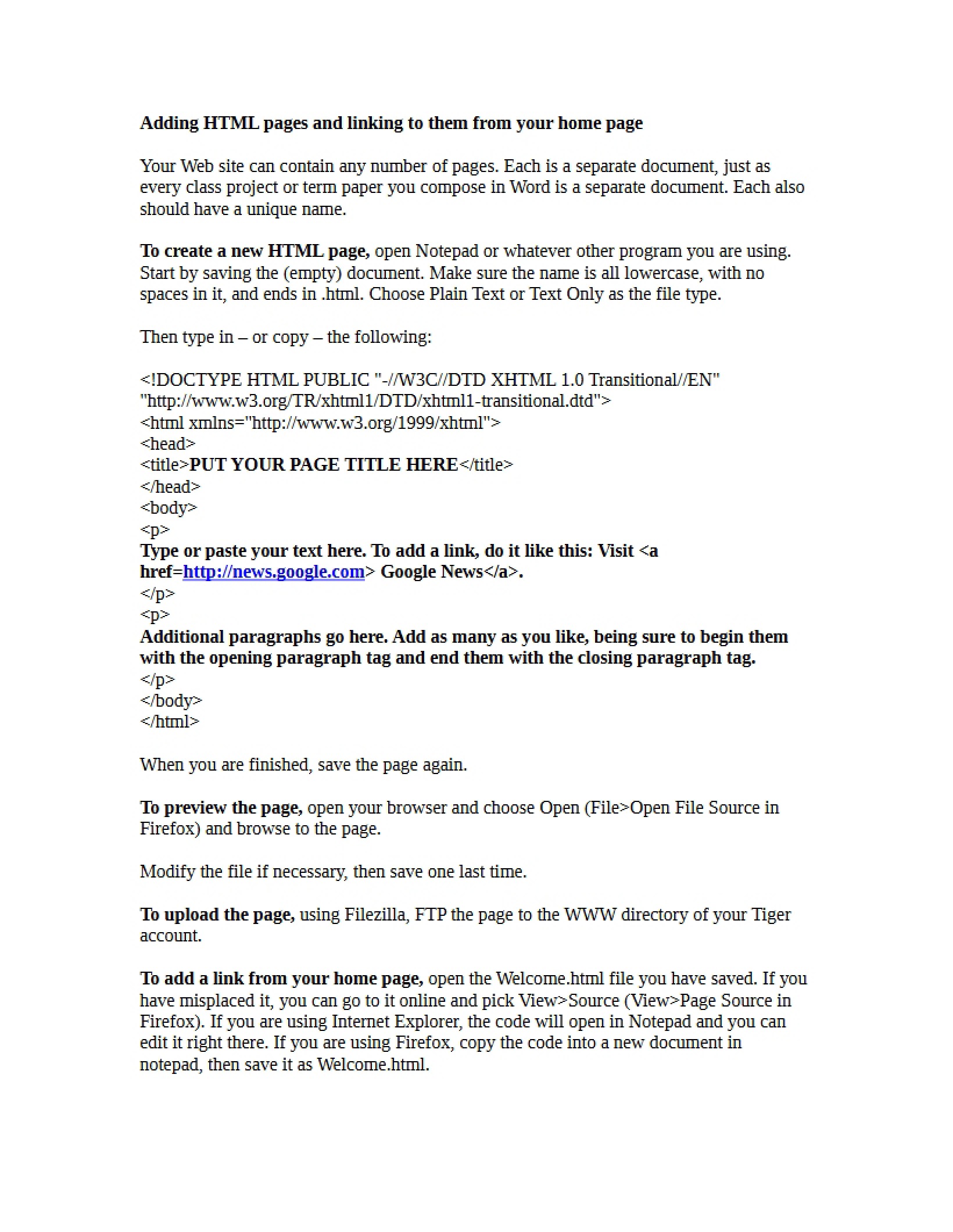 Home Page Linking and HTML Page Addition