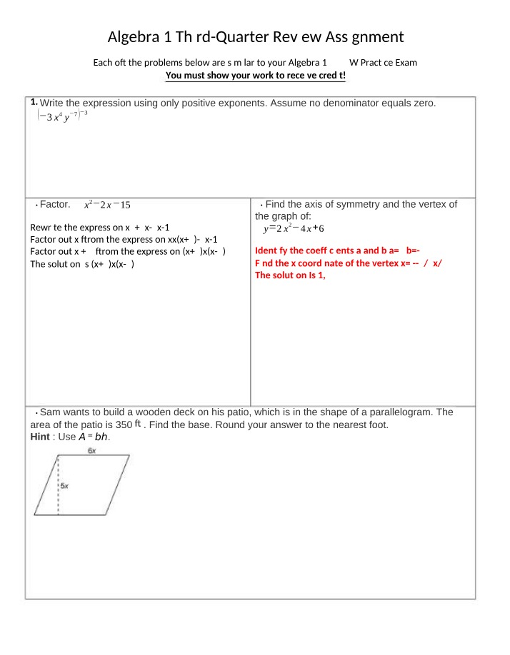 Third-Quarter Review Assignment for Algebra 1