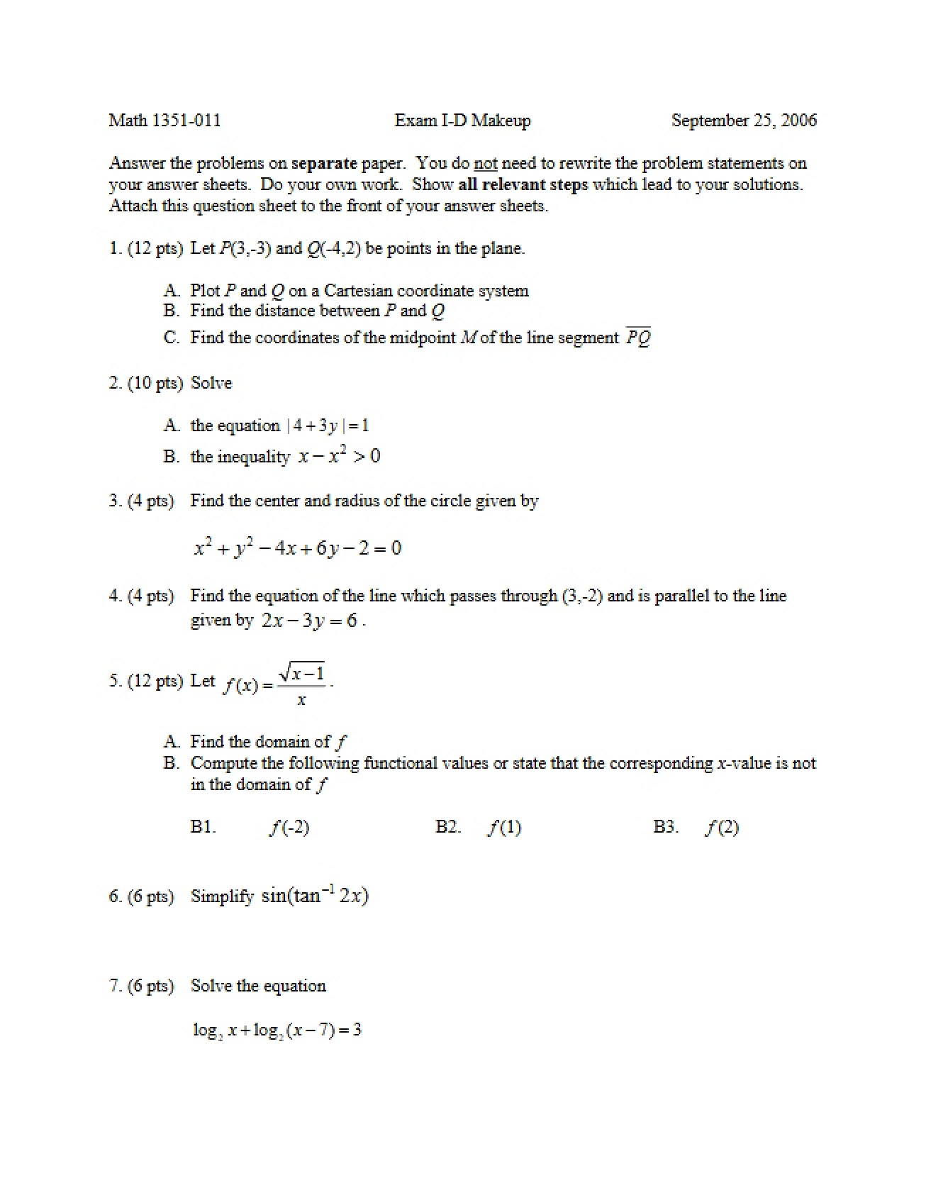 MATH 1351 Exam 1-D Makeup