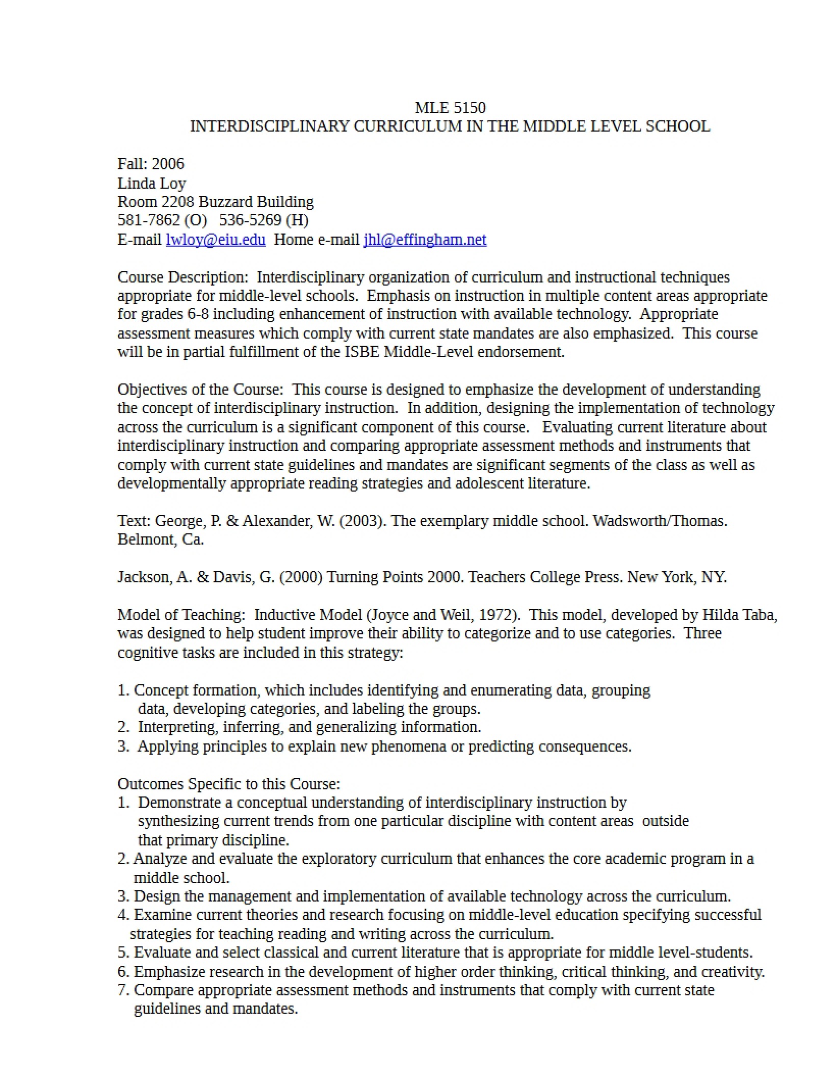 Syllabus for Interdisciplinary Curriculum