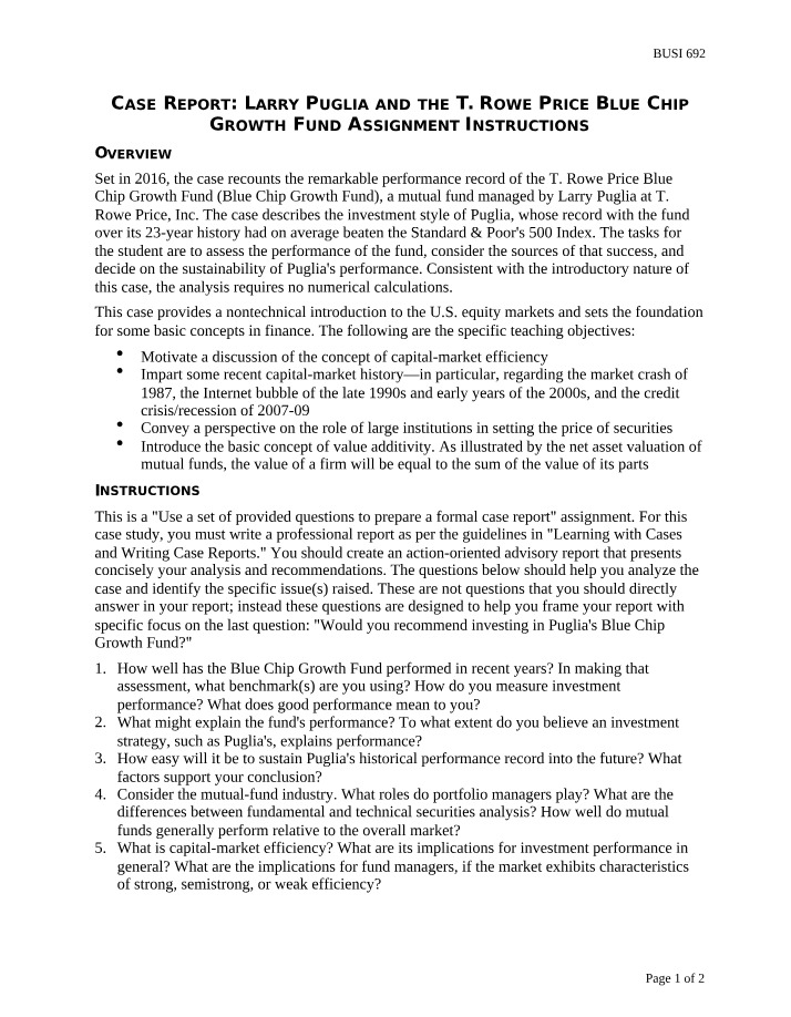 Larry Puglia and T. Rowe Price Blue Chip Growth Fund - Case Report Instructions