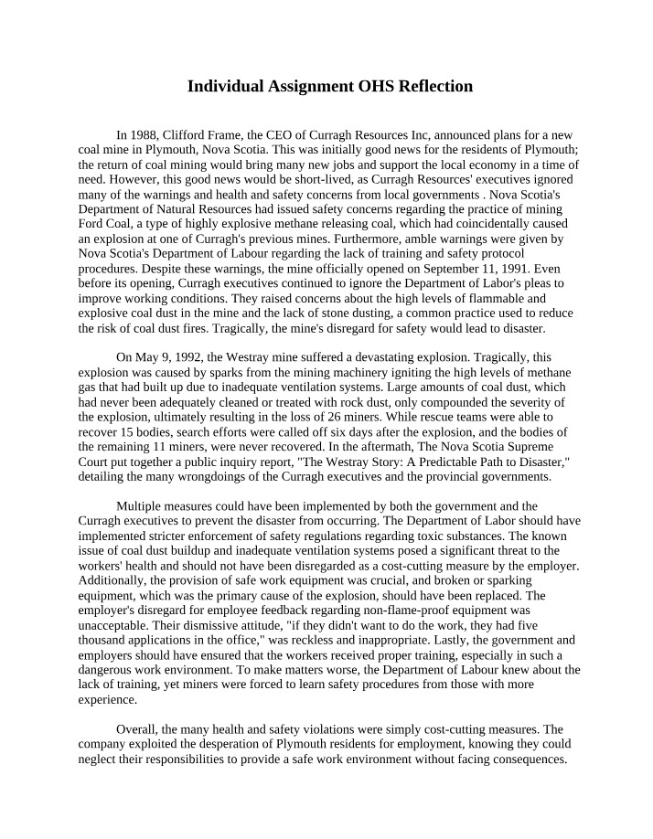 OHS Reflection - Individual Assignment