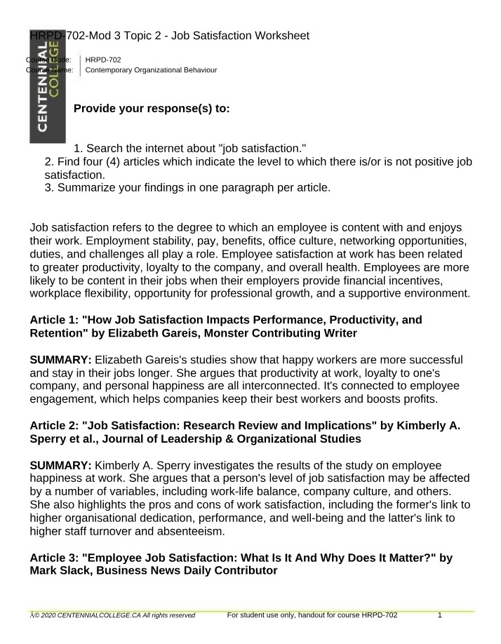 Job Satisfaction Worksheet for HRPD-702