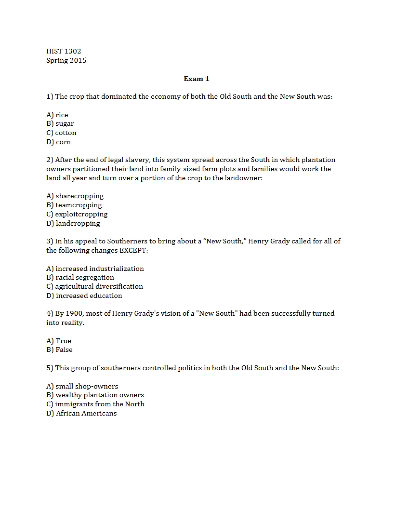 US History Since 1876 Exam One