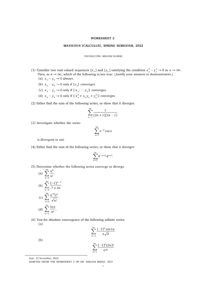 Calculus Worksheet 2 (2022)