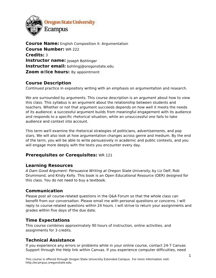 WR222 Syllabus - English Composition II Argumentation