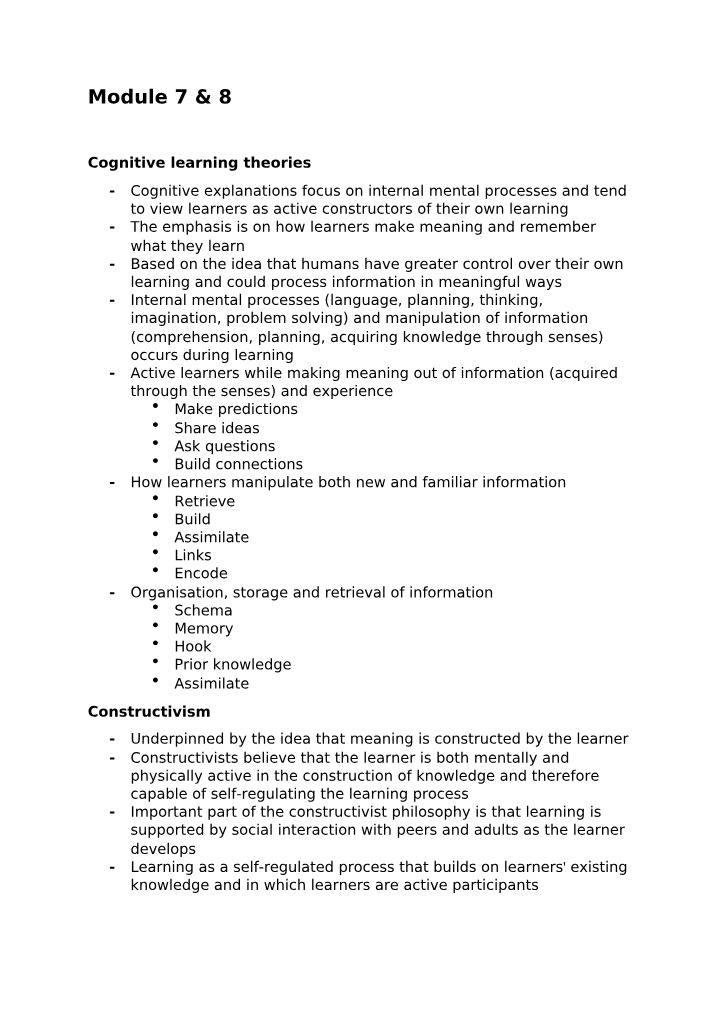 Exploring Internal Cognitive Learning Theories