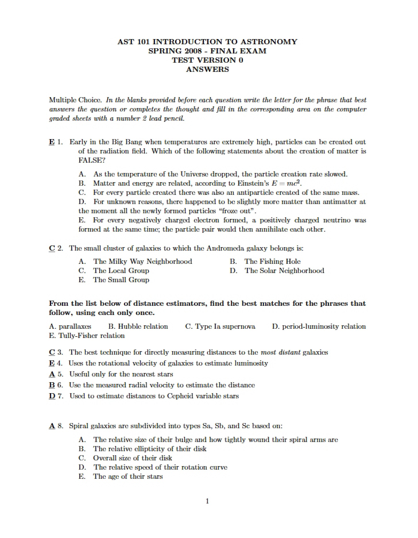 Answers for Final Exam Version O