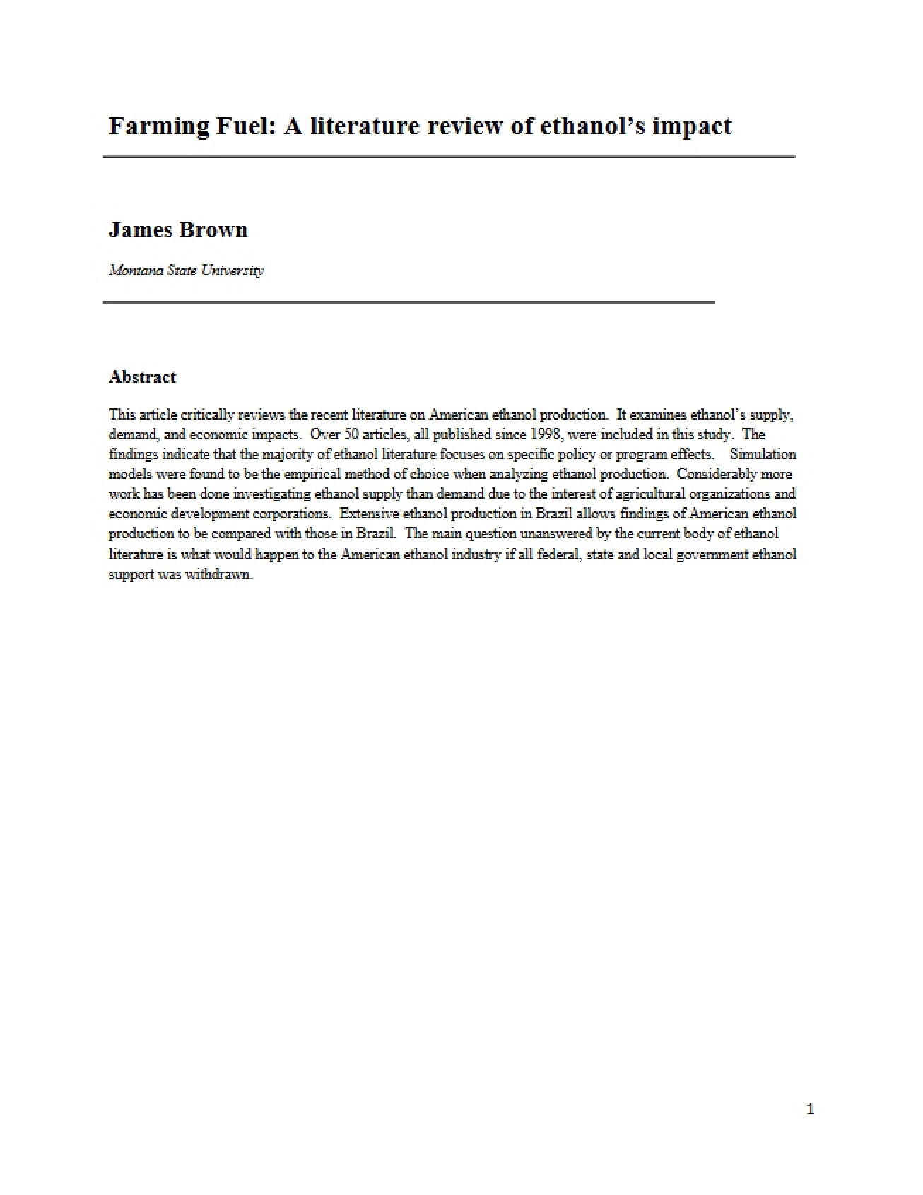 Ethanol Impact Literature Review
