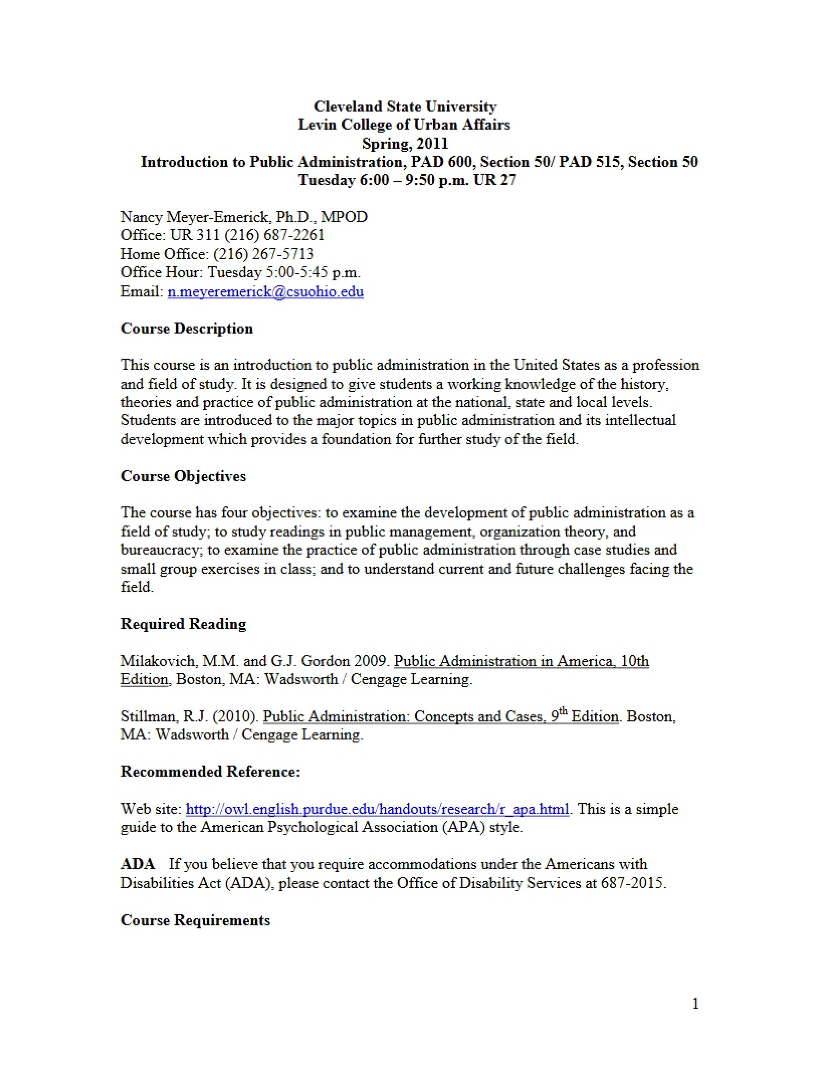 Syllabus for Public Administration Introduction