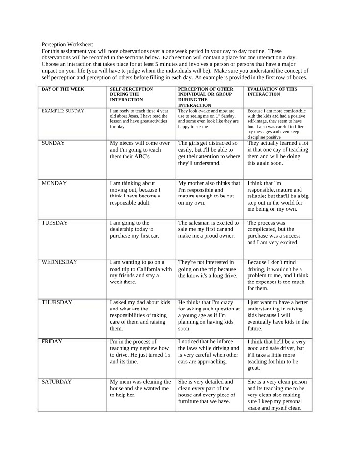 Worksheet on Perception