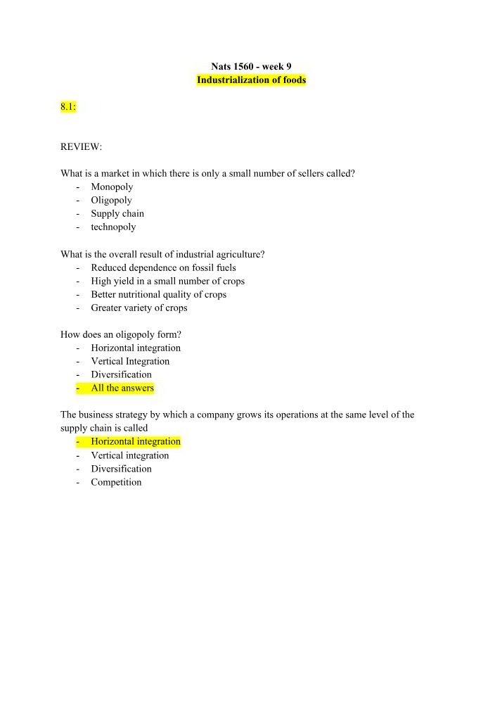 NATS 1560 - Week 9 Review - Industrialization of Foods