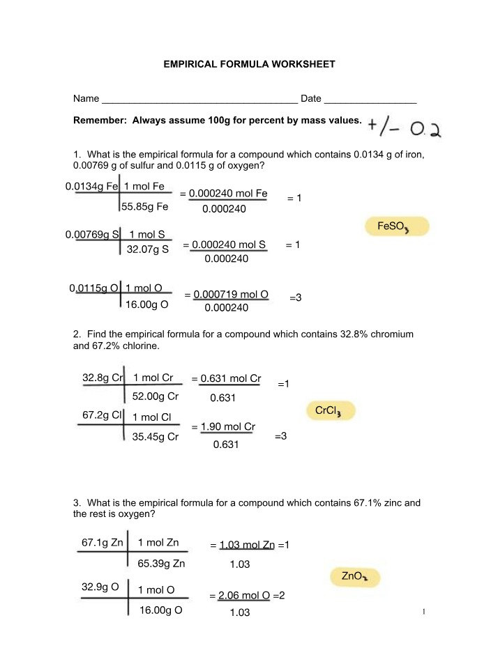 Worksheet on Empirical Formulas