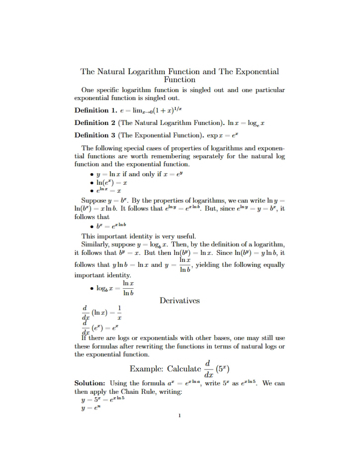Exponential and Natural Logarithm Functions