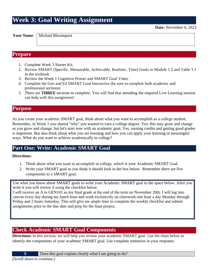 Week 3 Assignment - Goal Writing