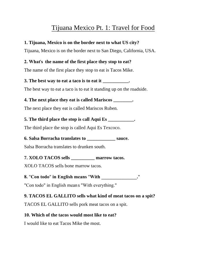 Quiz on Travel for Food in Tijuana, Mexico