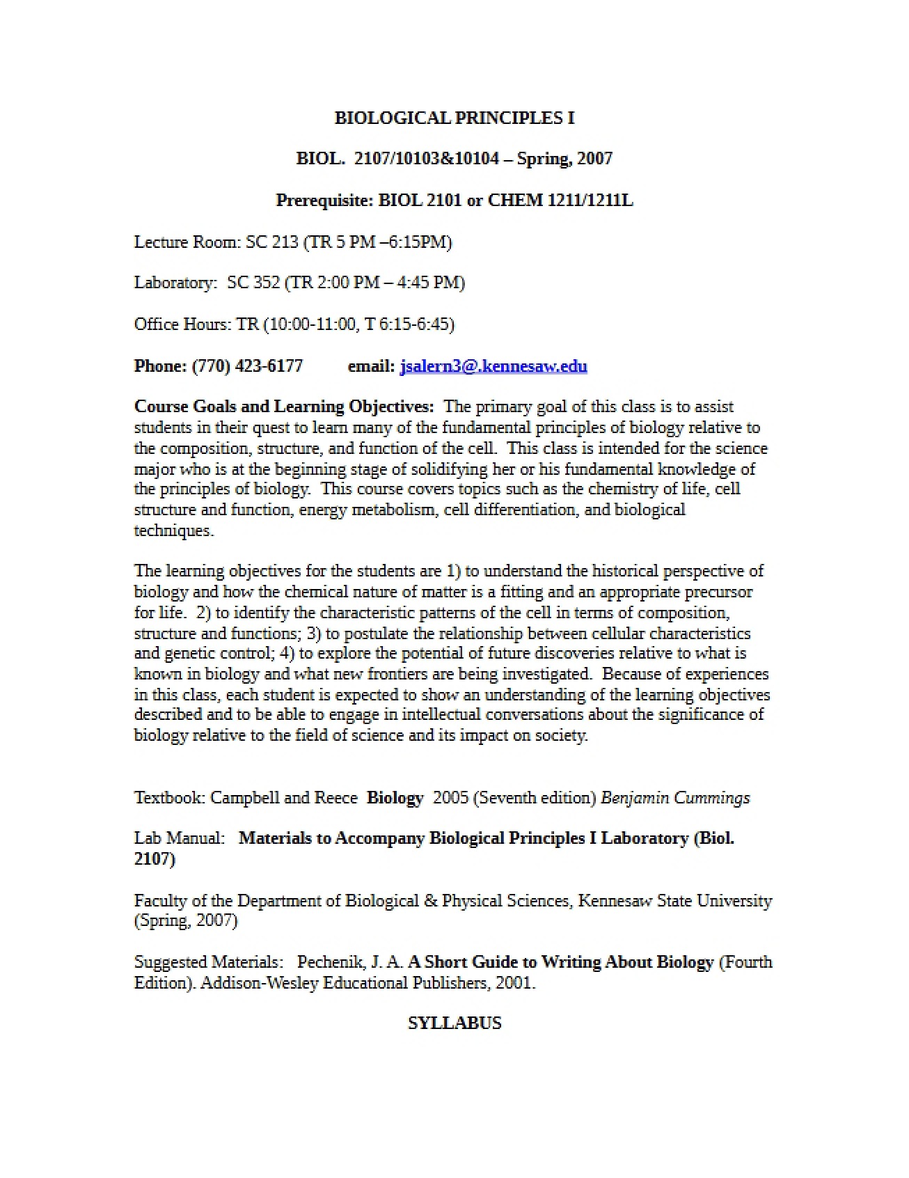 General Syllabus for a Course on Biological Principles I