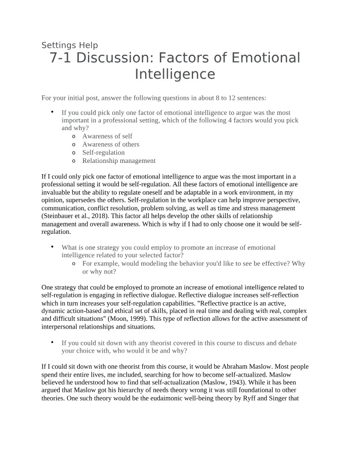 Factors of Emotional Intelligence - 7-1 Discussion