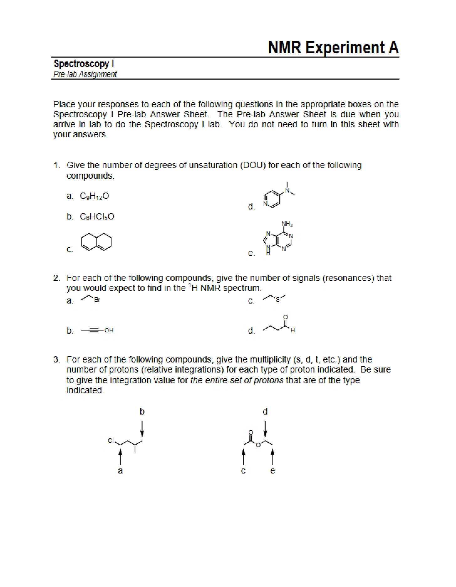Prelab NMR Experiment A (Fall 2010)
