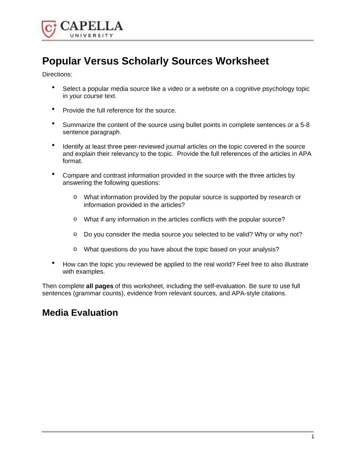 ADHD Worksheet - Popular Versus Scholarly Sources