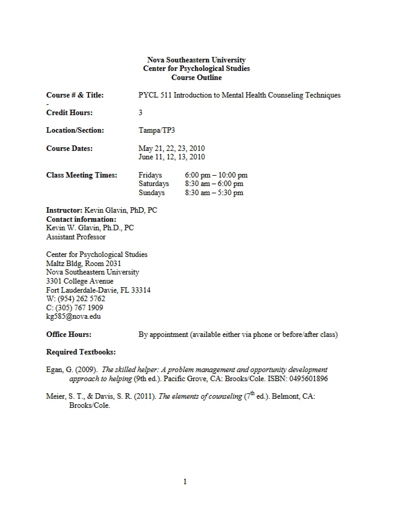 Syllabus for Mental Health Counseling Techniques